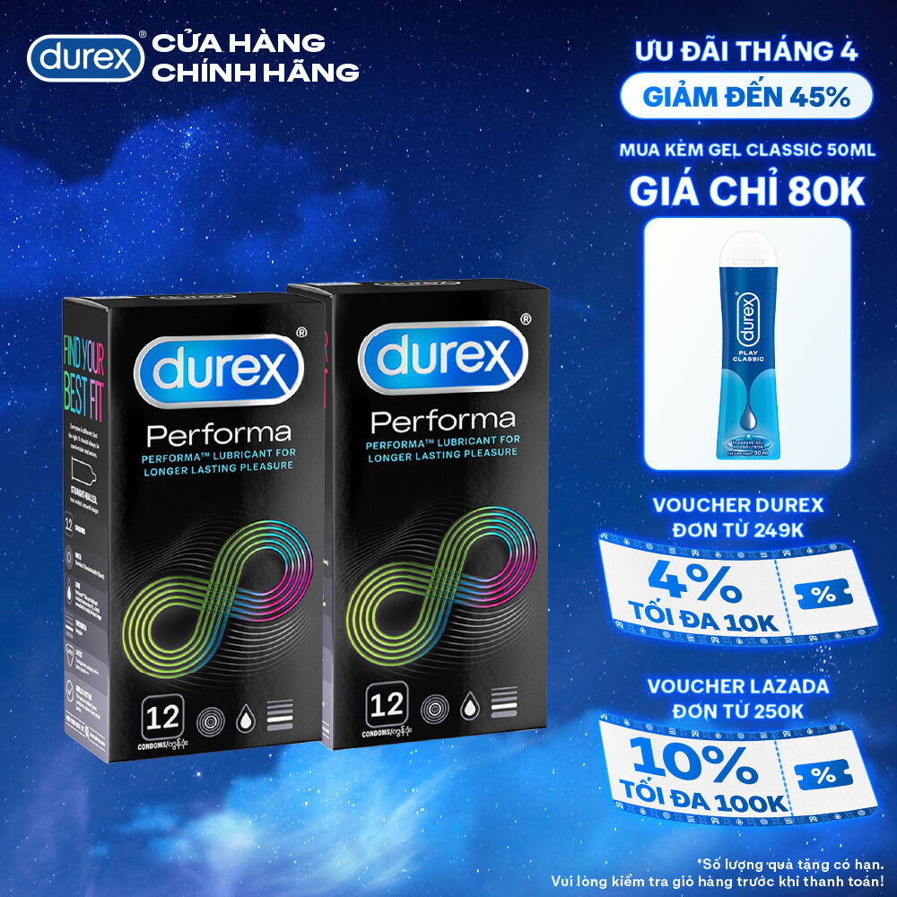 Bộ 2 hộp bao cao su Durex Performa kéo dài thời gian, size 52mm, 12 bao/hộp