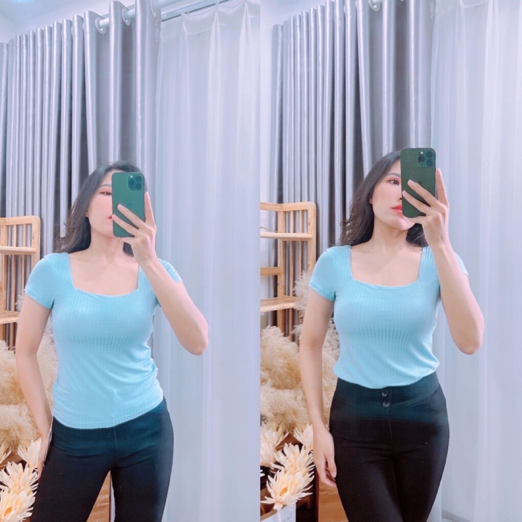 Áo thun cotton cổ vuông có lót ngực [ảnh thật]