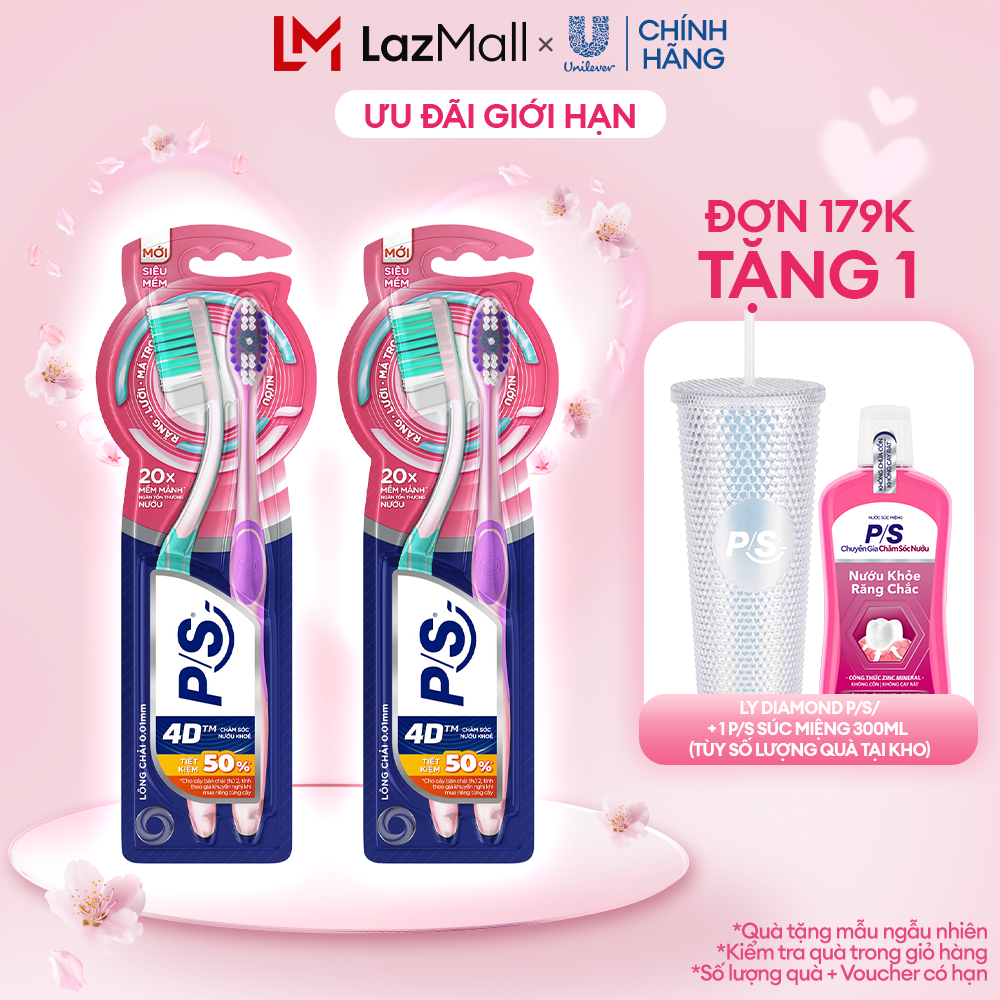 Bộ 4 bàn chải đánh răng P/S 4D Chăm Sóc Nướu Khỏe với lông chải mềm mảnh 20X, ngăn tổn thương nướu