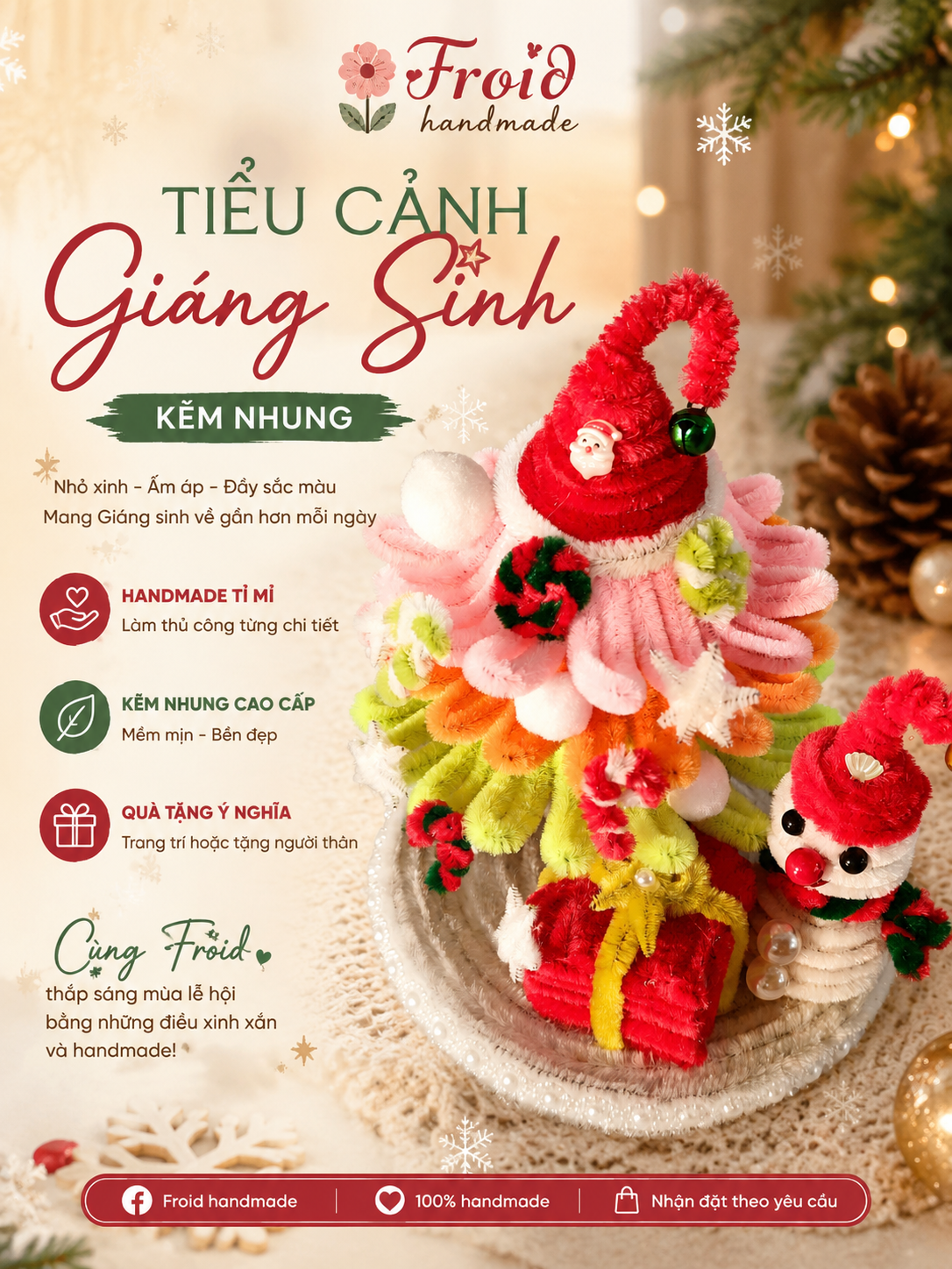 Tiểu cảnh giáng sinh cây thông và người tuyết bằng kẽm nhung | Froid handmade