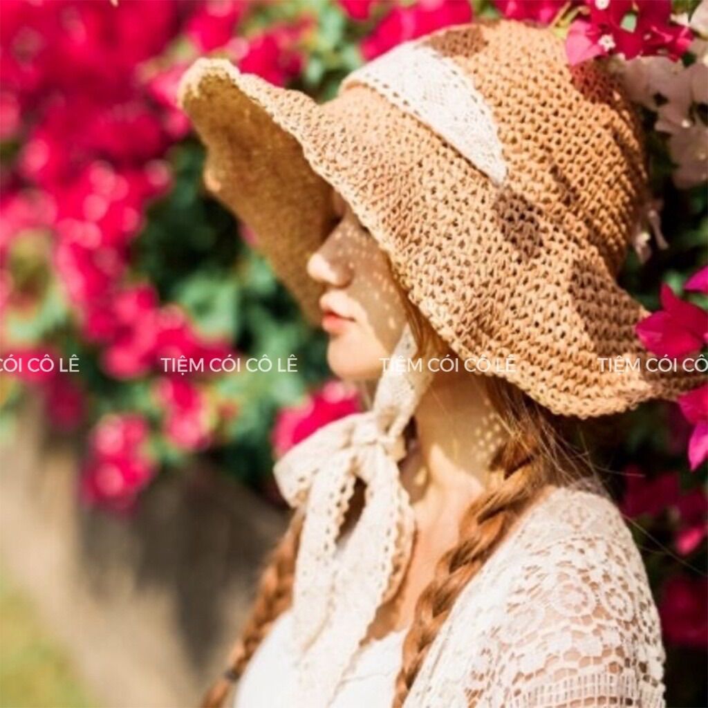 Nón cói đi biển vành mềm chất đẹp dày dặn dây ren thắt nơ siêu xinh - tiệm cói cô lê