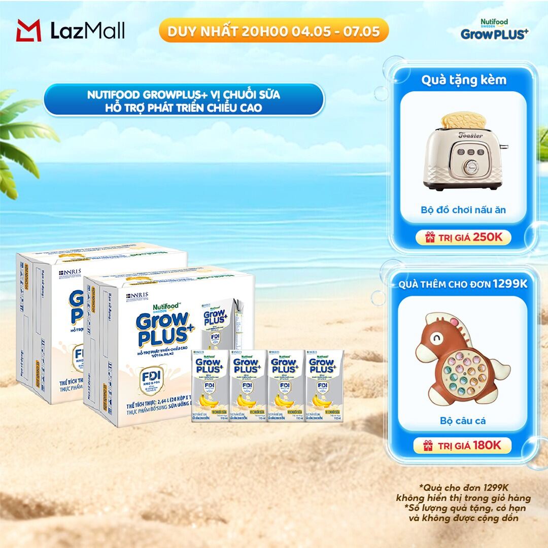 Combo 2 Thùng 24 hộp Sữa bột pha sẵn Nutifood Sweden GrowPLUS+ Vị Chuối Sữa hộp 110ml - Hỗ trợ phát triển chiều cao