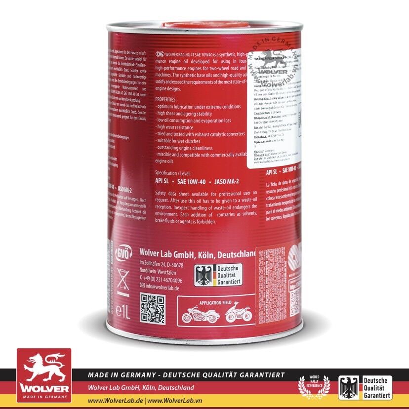 Nhớt Đức xe máy Wolver Racing 4T 10W40 1 Lít