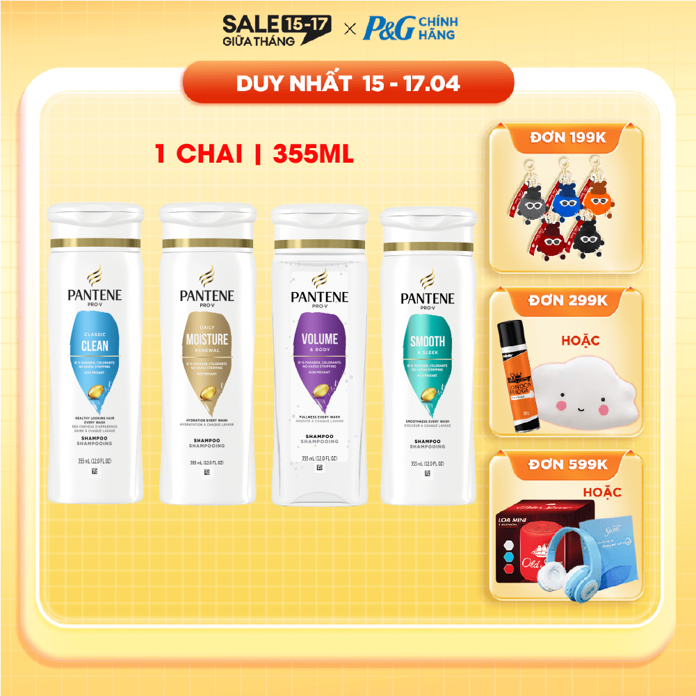 Dầu Gội PANTENE Nhập Khẩu Mỹ Hương Smooth & Sleek/ Moisture Renewal/ Smooth & Sleek/ Sheer Volume Chai 355ML