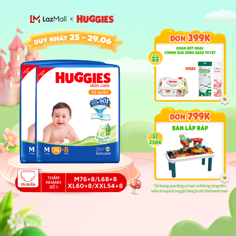 Combo 2 gói Tã/bỉm quần HUGGIES SKINCARE gói M76+8/L68/XL60/XXL54
