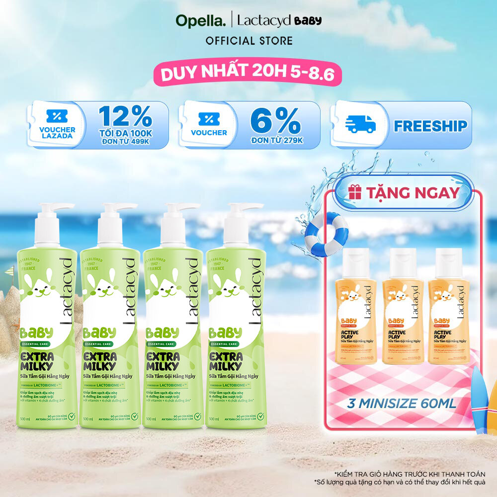 Bộ 4 chai Sữa Tắm Gội Trẻ Em Lactacyd Baby Extra Milky Làm Sạch Dịu Nhẹ và Dưỡng Ẩm Vượt Trội 500ml/chai