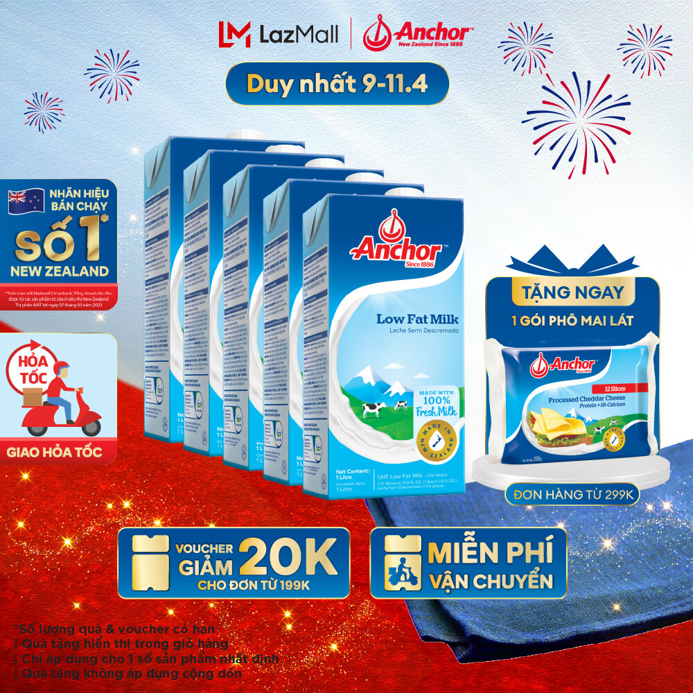 [GIẢM 20K ĐƠN 199K  + TẶNG THÊM 1 SỮA TƯƠI 1L] Combo 5 sữa tươi tiệt trùng Anchor ít béo hộp 1 lít