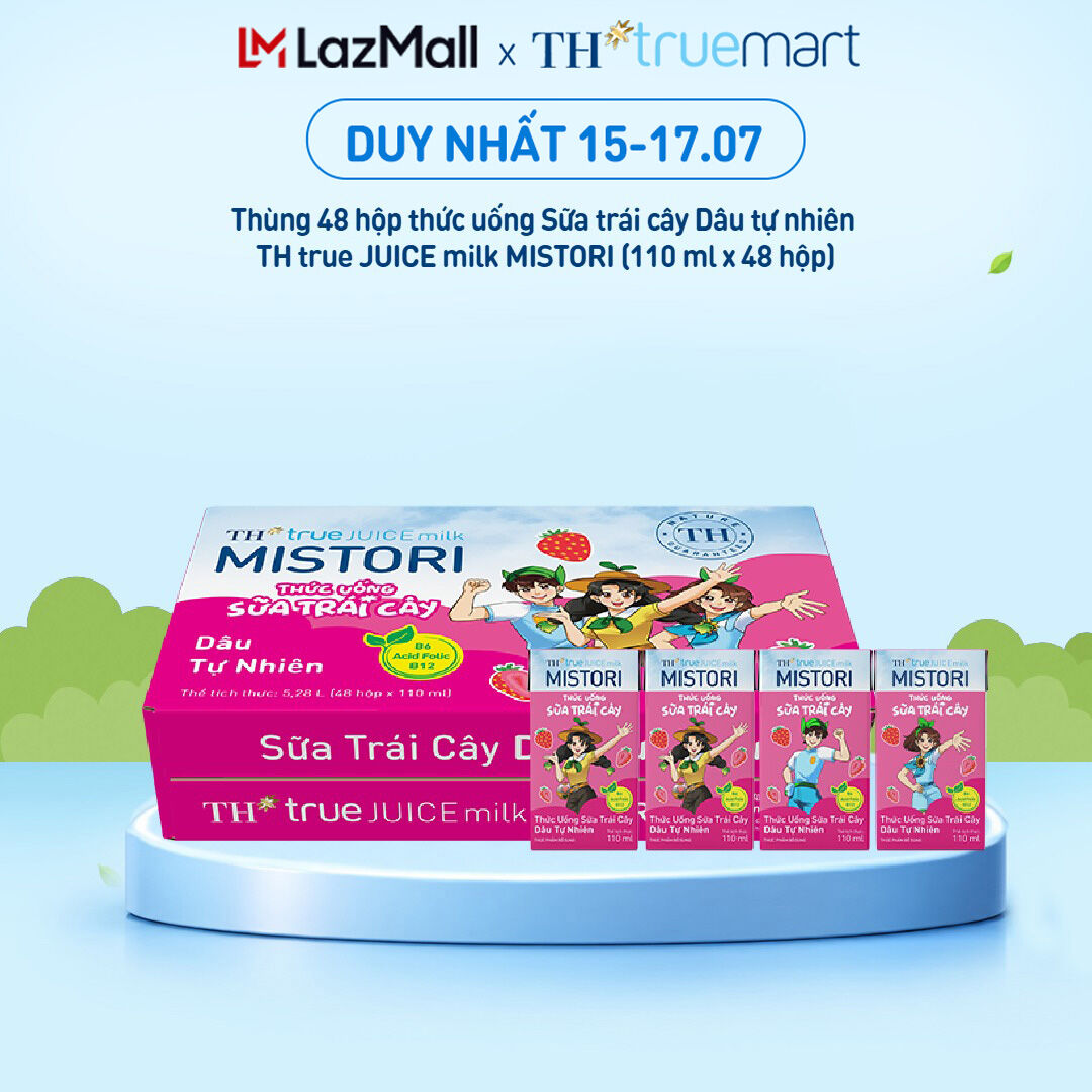 Thùng 48 hộp thức uống Sữa trái cây TH true JUICE milk MISTORI Dâu tự nhiên 110 ml x 48 hộp