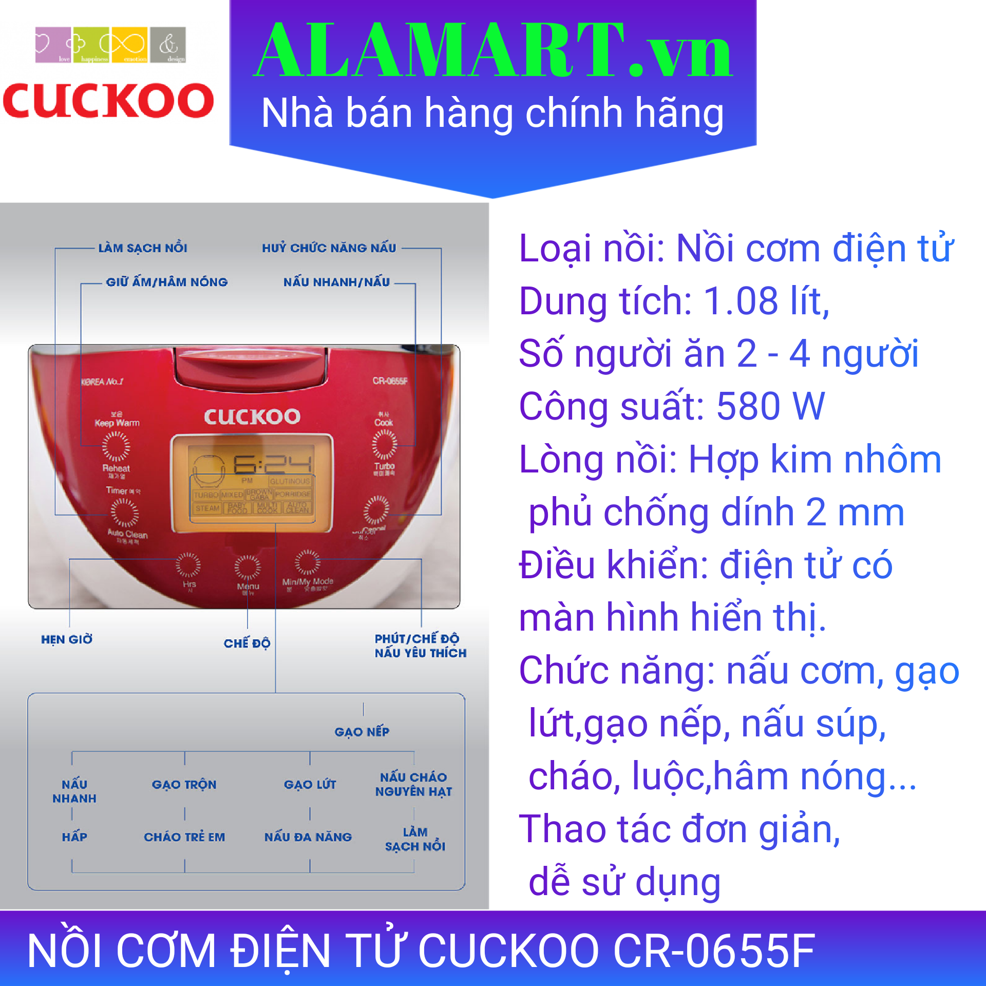 [HCM]Nồi cơm điện tử 1.08l Cuckoo CR-0655F