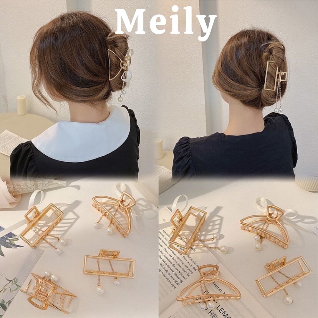 Kẹp tóc kim loại càng cua hot trend phối vải nơ hạt châu Meily Store