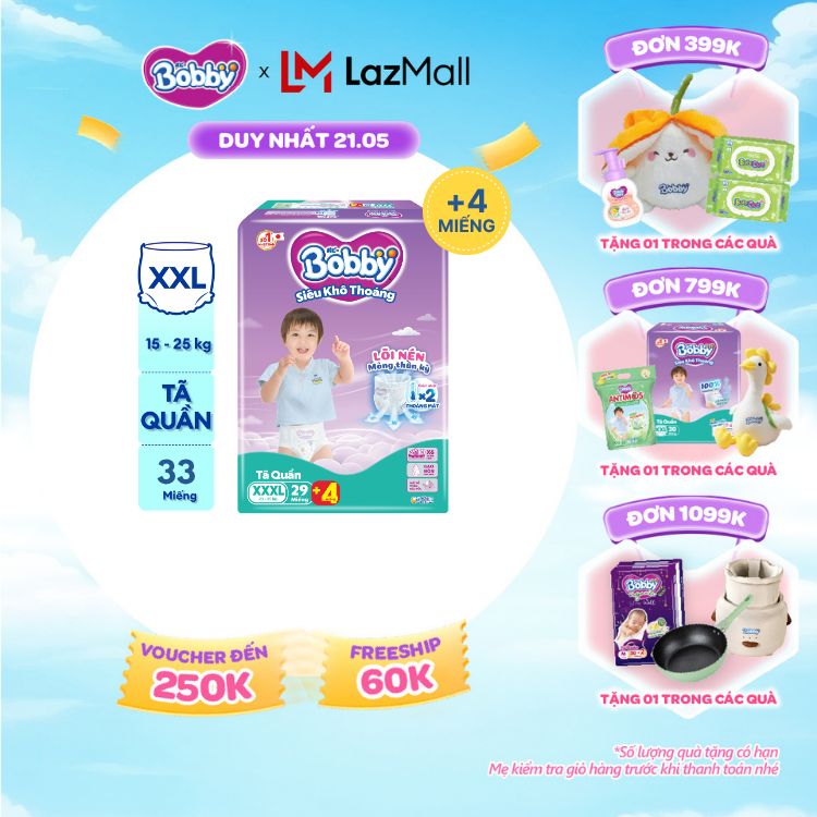 [SALE CUỐI THÁNG tặng QUÀ TO-SLCH][TẶNG THÊM 4 MIẾNG] Tã/bỉm quần Bobby 3mm Super Jumbo Siêu khô thoáng XXXL29 Bao bì thay đổi theo từng đợt nhập hàng