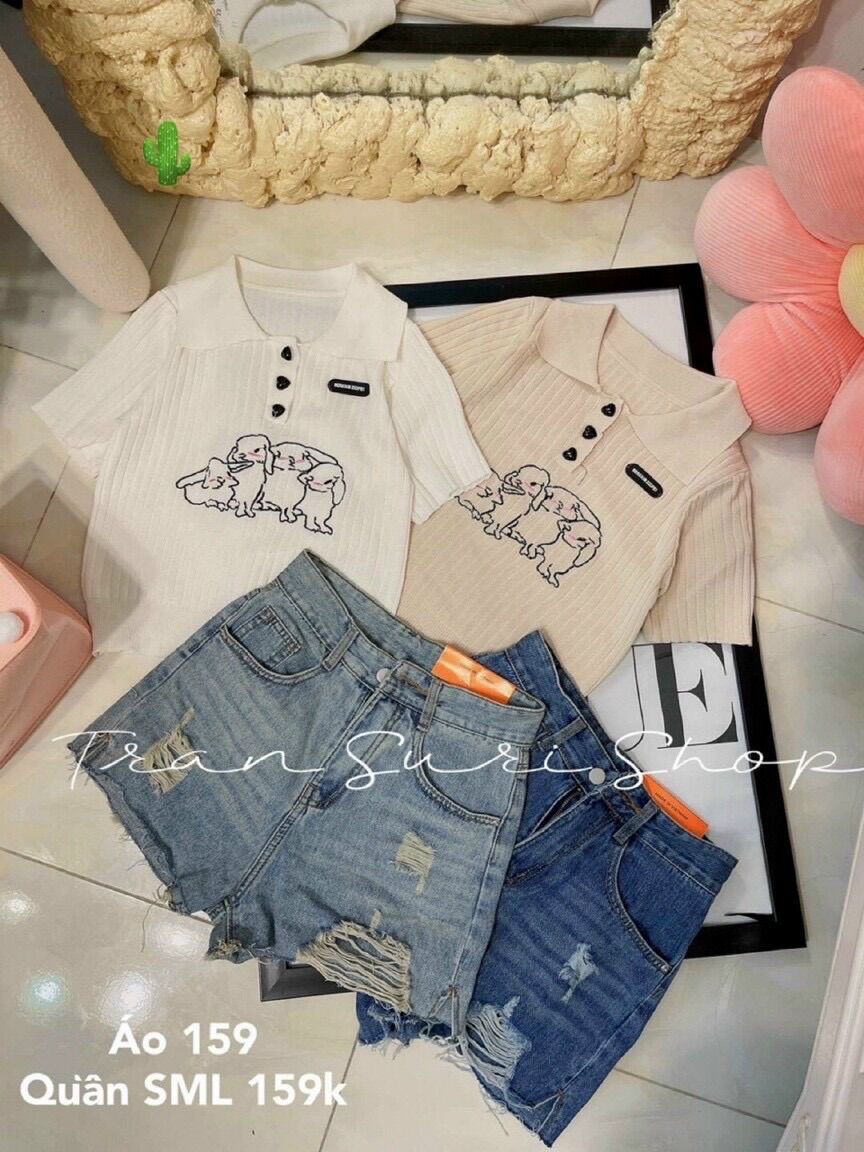 Áo croptop cổ bẻ in 4 em chó xinh PC
