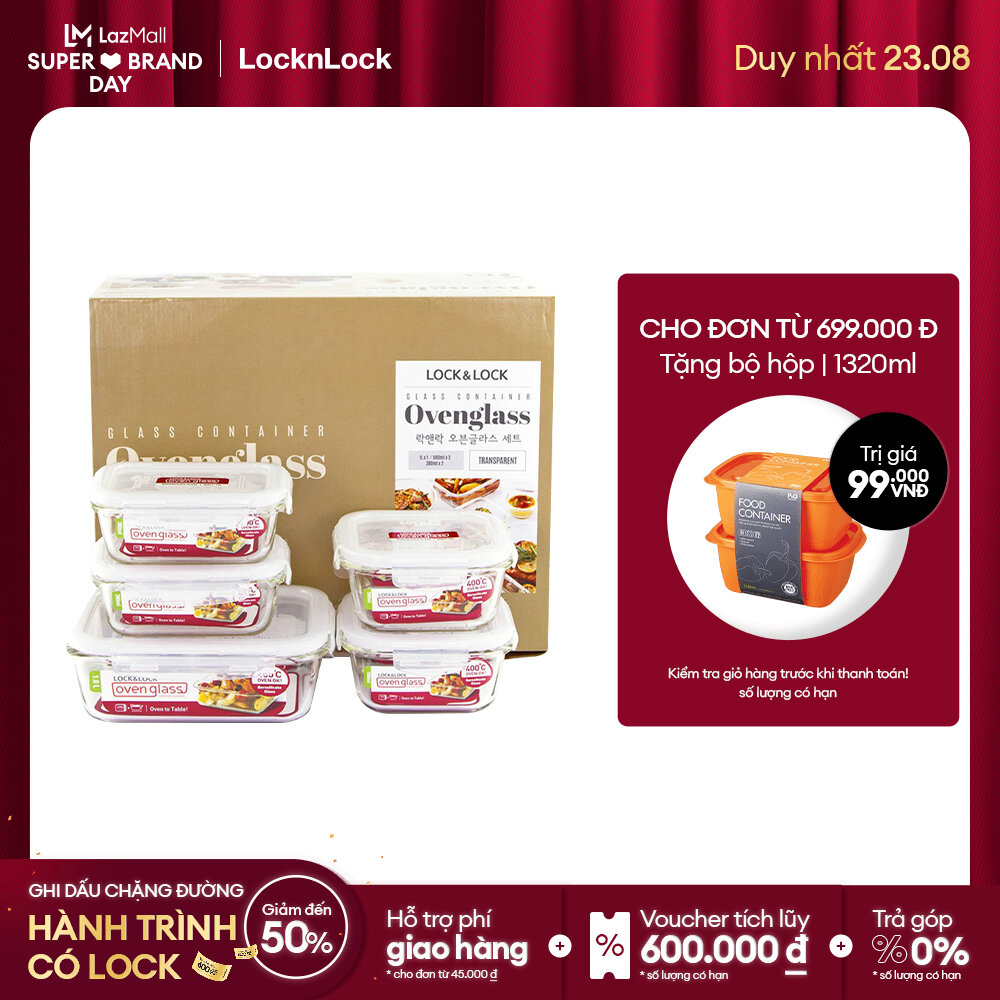 [Duy nhất 23.8 - Mua ngay] LLG445S5 - Bộ 5 hộp thủy tinh bảo quản thực phẩm Lock&Lock Euro (LLG214x2; LLG422x2; LLG445x1)