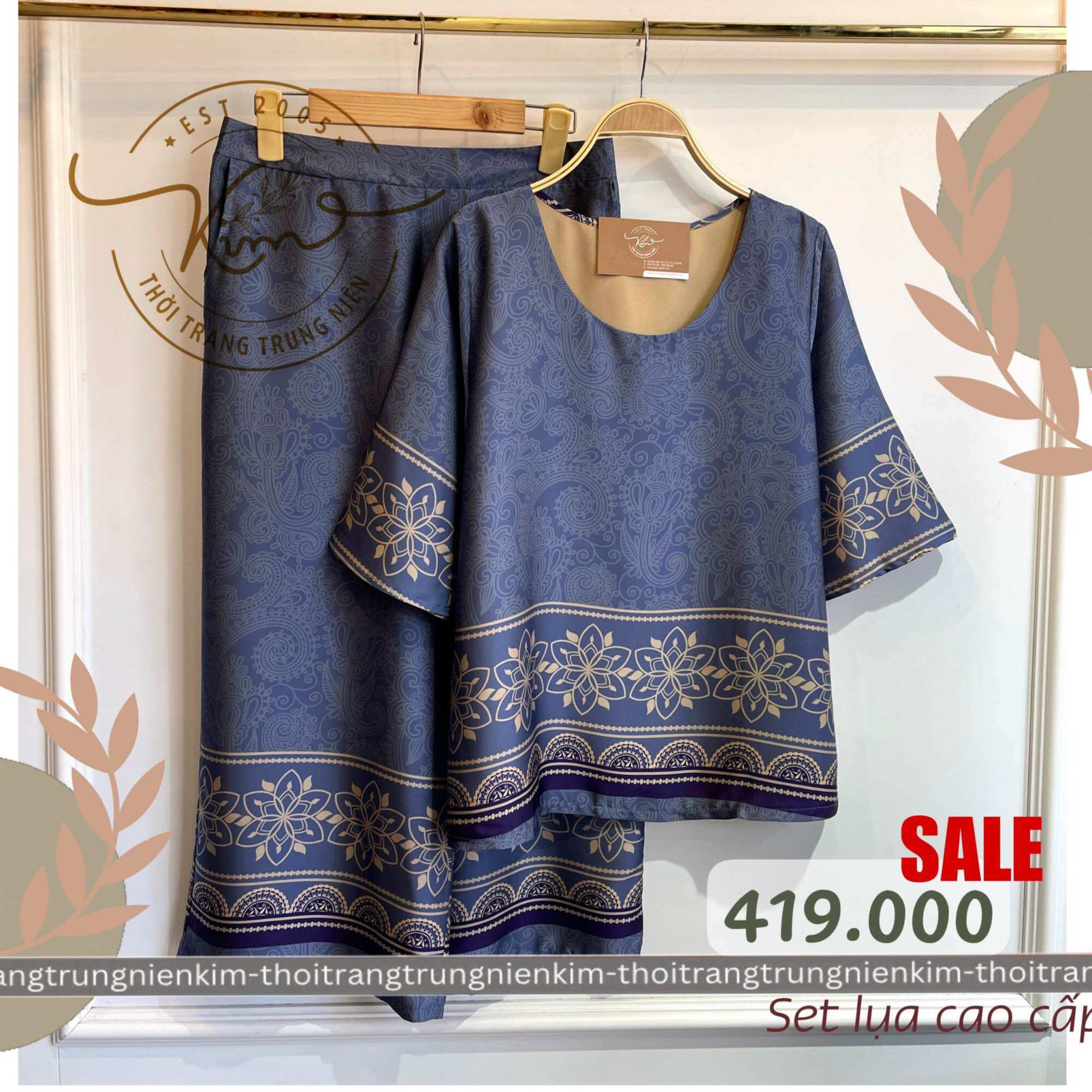 Sét bộ lụa trung niên cao cấp hoa văn thổ cẩm sang trọng Bigsize quần dài 85cm