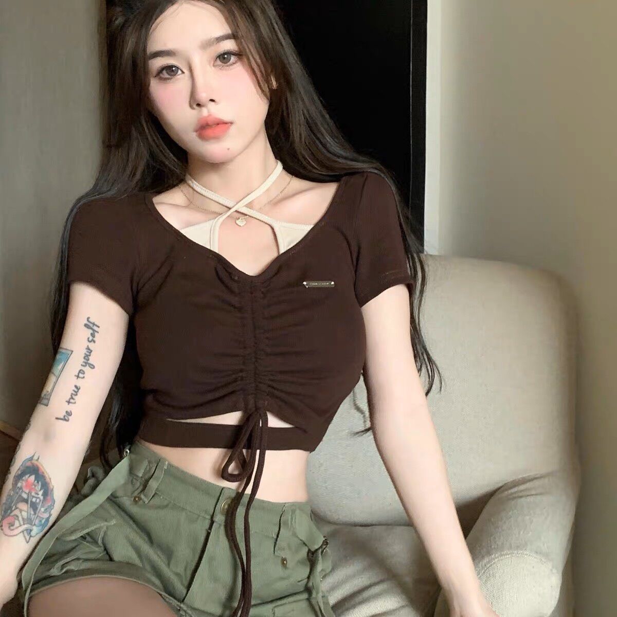 Áo tay ngắn babytee phối yếm khoét eo BG