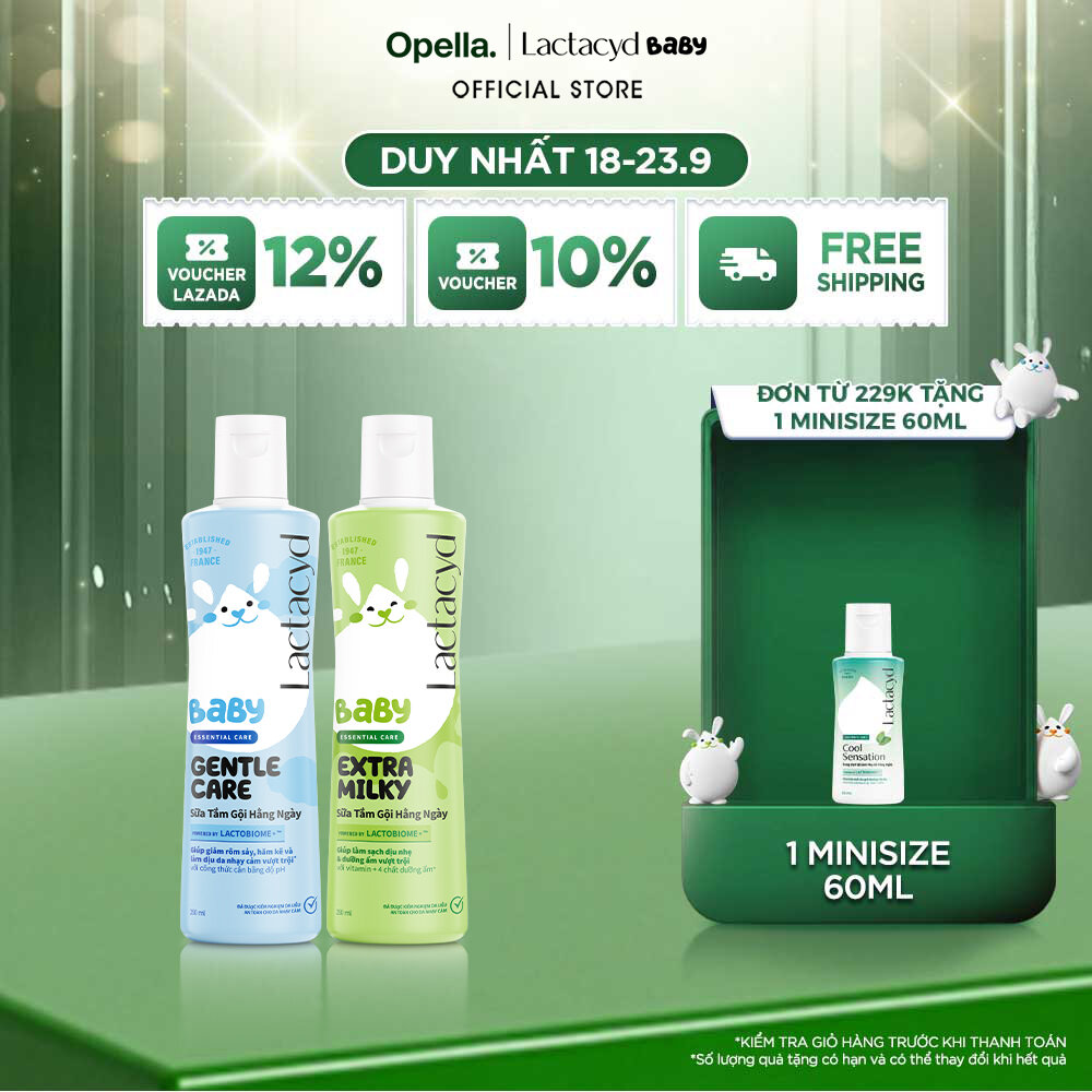 Bộ 1 chai Sữa Tắm Gội Trẻ em Lactacyd Baby Extra Milky 250ml + 1 Lactacyd Baby Gentle Care 250ml