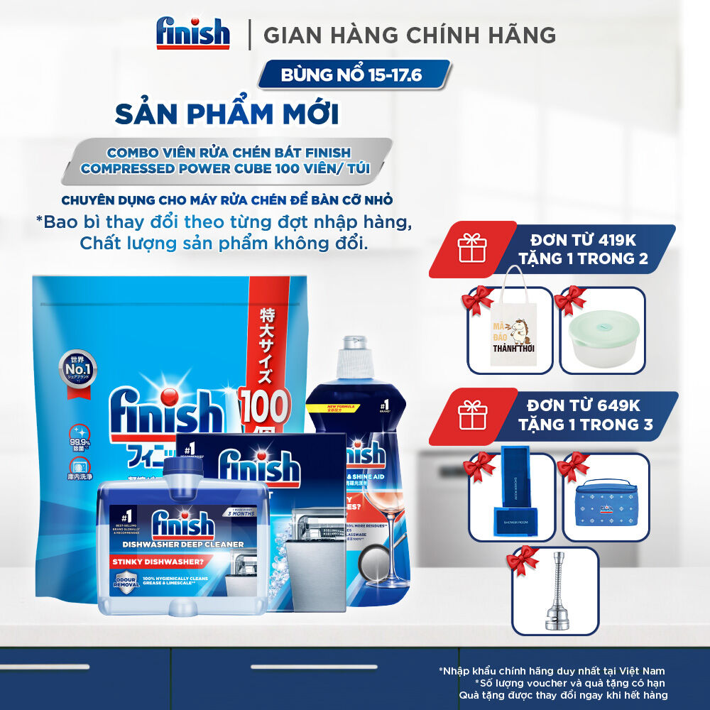 Combo Finish: Viên Rửa Chén Finish Nhật Bản Power Cube 100 Viên + Nước bóng + Dung dịch vệ sinh máy + Muối 2kg