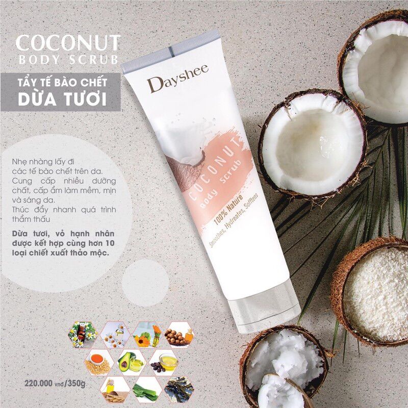 Dayshee tẩy tế bào chết body chiết xuất dừa tươi coconut body scrub 350g