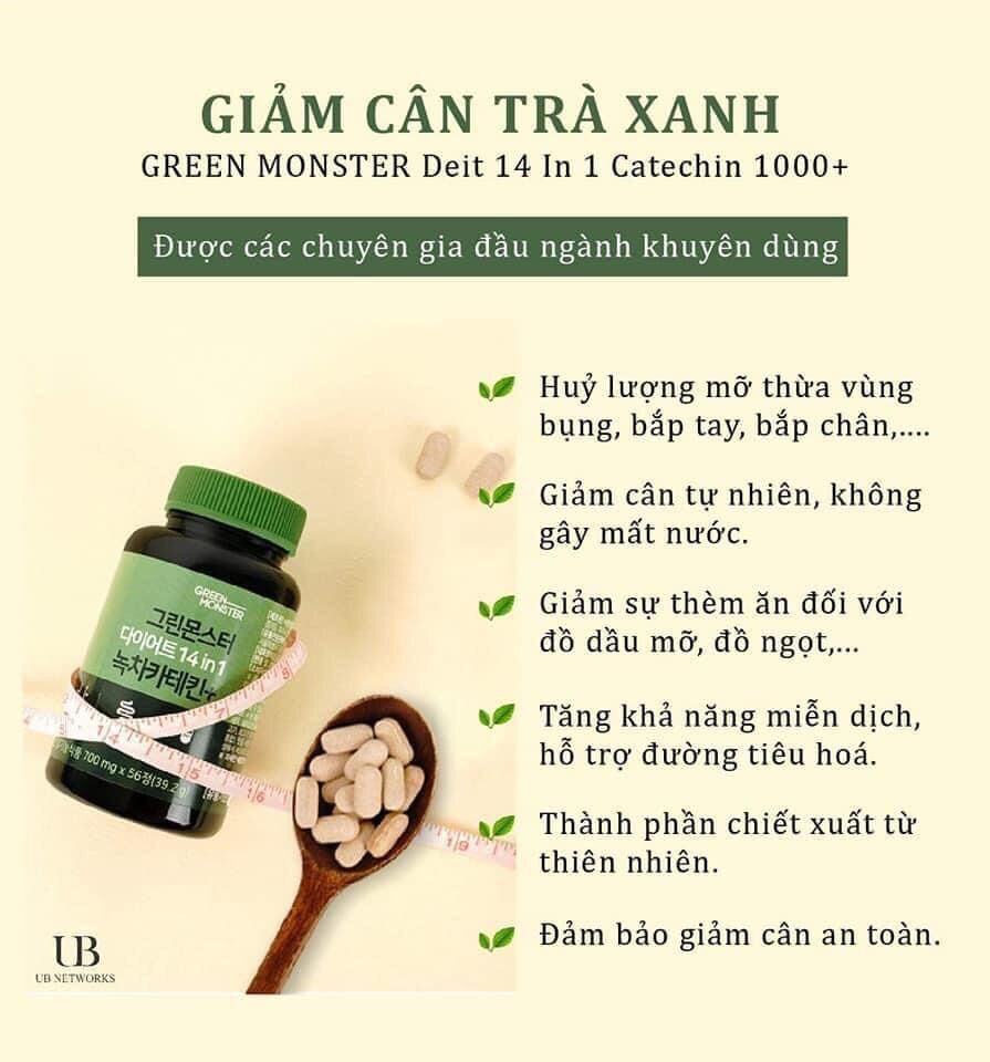 Giảm cân trà xanh green monster diet 14 in 1 catechin 1000+ hàn quốc 56v