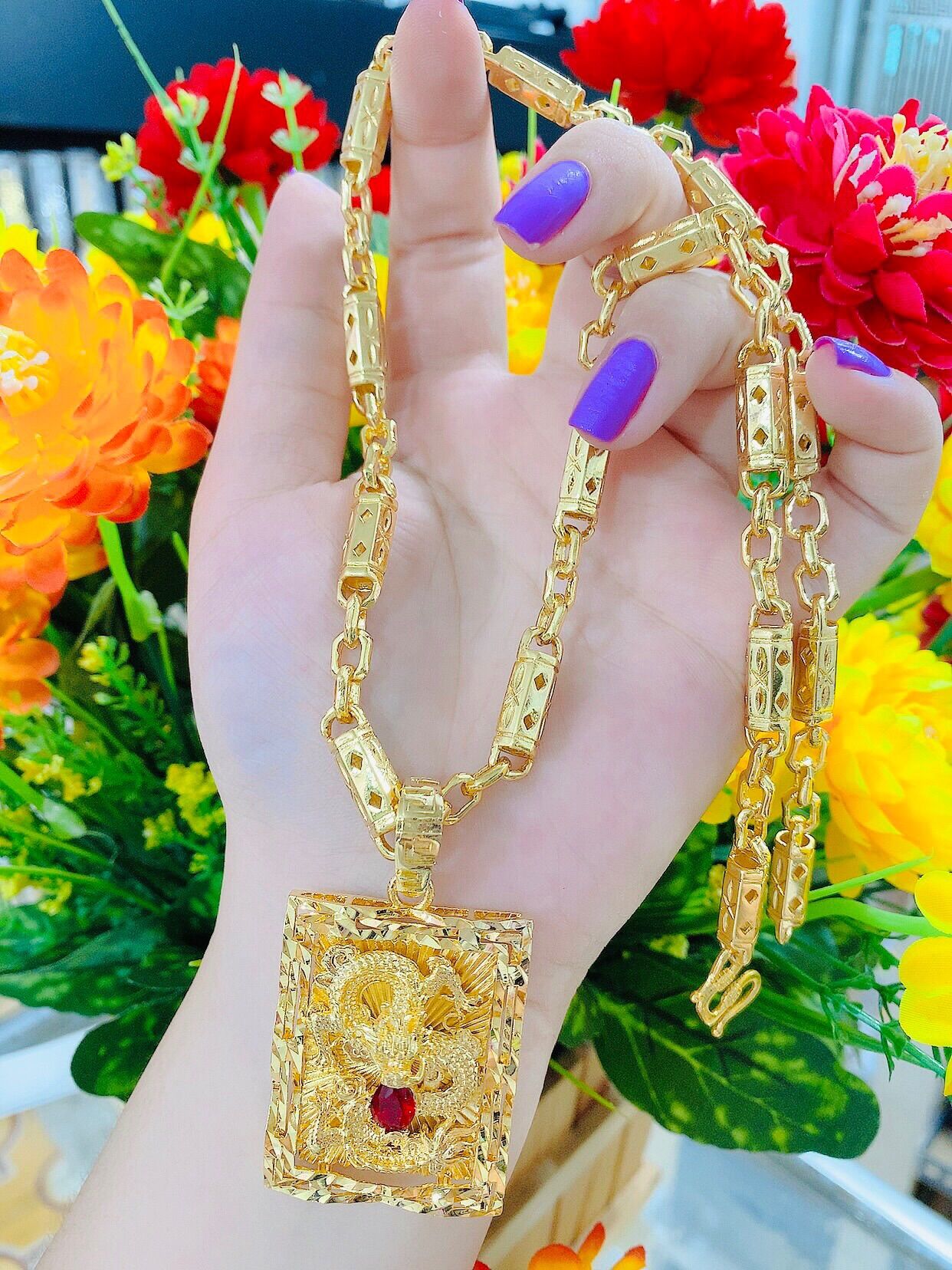 Dây chuyền nam mặt rồng ngậm đá đỏ mạ vàng 18k cao cấp mẫu mới về