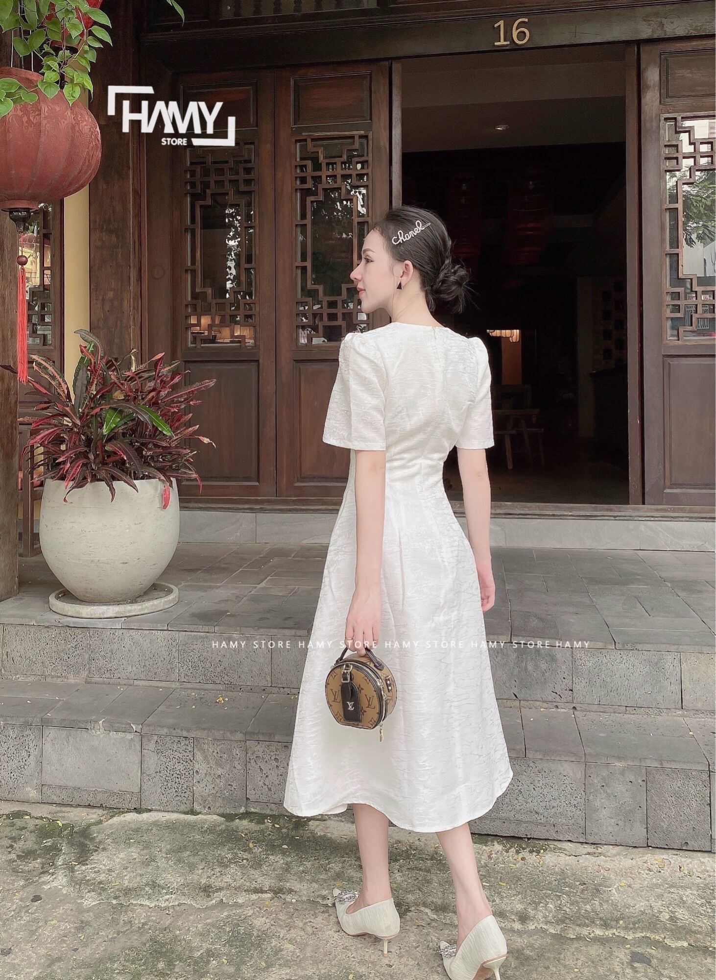 Đầm Tay Bồng Vải Gấm
