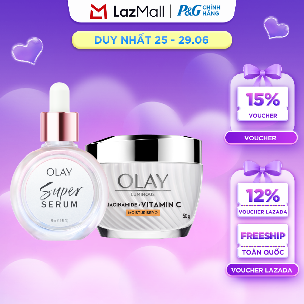 Combo 2 SUPER SERUM OLAY SỨC MẠNH TỪ 5 DƯỠNG CHẤT TRONG 1 - Chai 30ML Và Kem Dưỡng Ẩm OLAY LUMINOUS NIACINAMIDE + VITAMIN C 50G