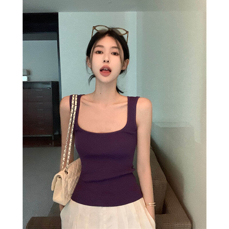 Áo Ba Lỗ Không Tay Dệt Kim Cổ Vuông Ôm Vừa Vặn Mùa Hè Cho Nữ Màu Tím Gợi Cảm Đa Năng Áo Ba Lỗ Không 