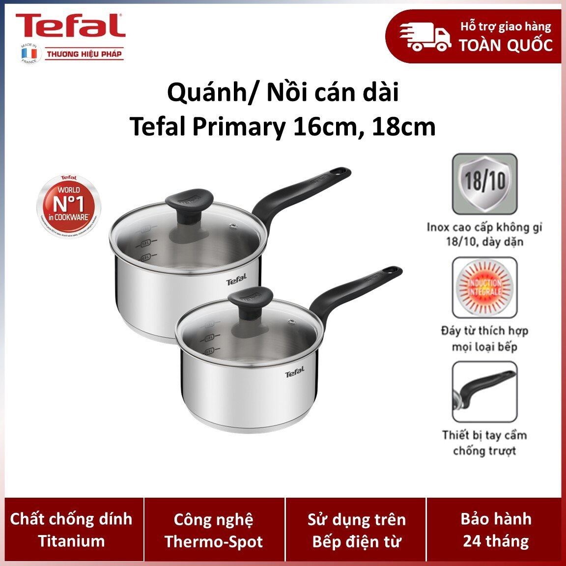 Nồi cán dài, quánh inox Tefal Primary size 16cm, 18cm - E3082235, E3082375