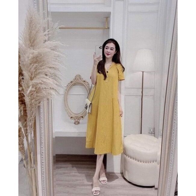 Đầm bầu vàng cổ V thời trang công sở