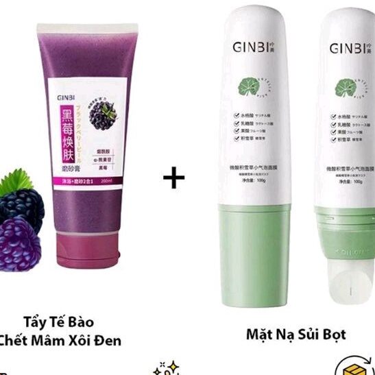 Combo tẩy tế bào chết mâm xôi vả mặt nạ sủi bọt rau má thu nhỏ lỗ chân lông, sạch mụn đầu đen và sáng da