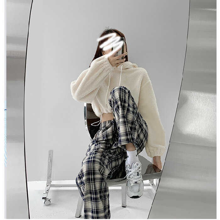 Quần Dài Kẻ Caro Đen Trắng Rộng Rãi Cho Nữ Mùa Xuân Thu Quần Dài Thường Ngày Có Dây Rút Quần Dài Har
