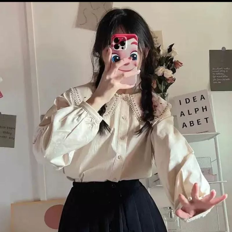 áo sơ mi nhung cổ sen thêu hoa hàn quốc