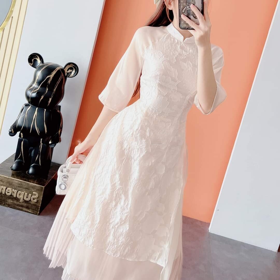 SET ÁO DÀI BIGSIZE REN HOA PHỐI CHÂN VÁY DẬP LY