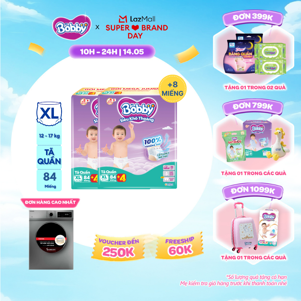 [SALE GIỮA THÁNG tặng QUÀ TO-SLCH][TẶNG MIẾNG NGẪU NHIÊN] Combo 2 Tã/bỉm quần Bobby 3mm Mega Jumbo Gạo non Giảm nhiệt XL84
