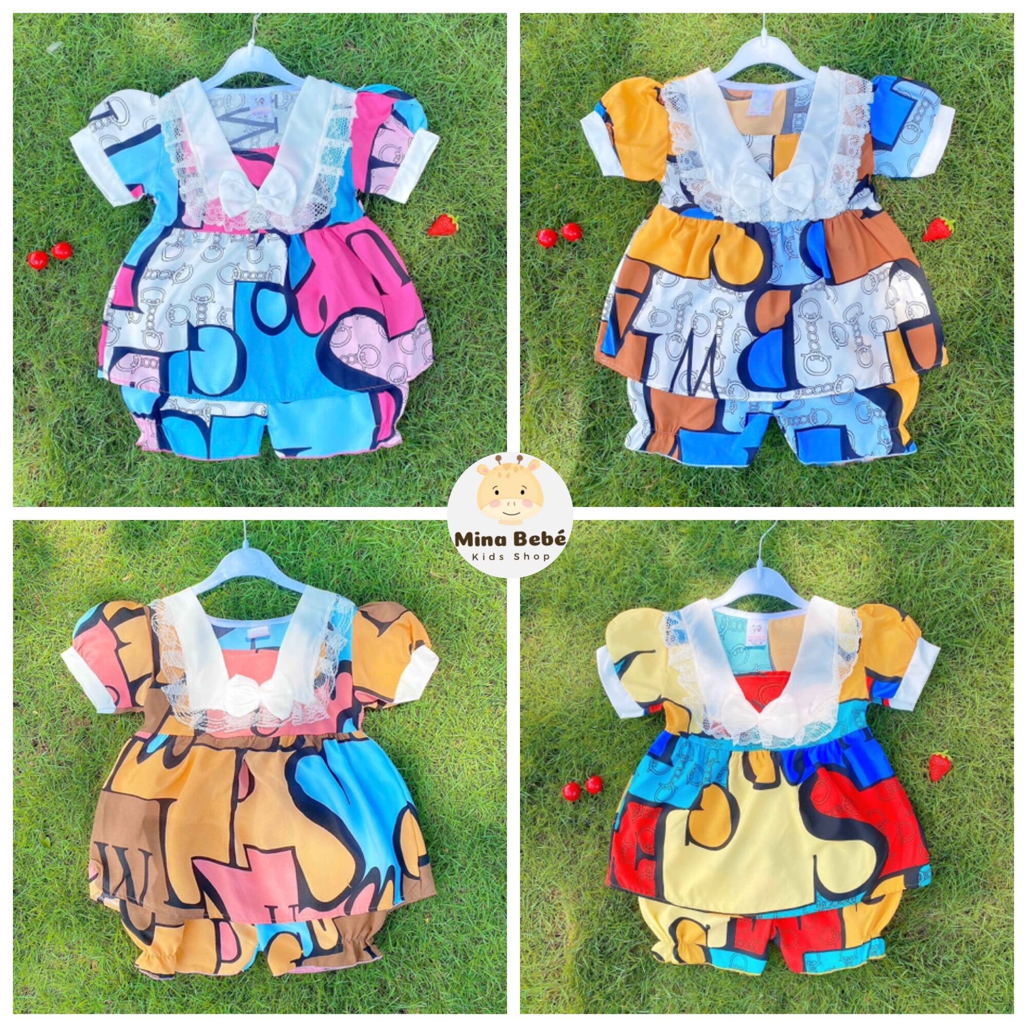 (Xu hướng mới)Combo 3 bộ bé gái tay ngắn hình lập thể cực xinh cổ đính nơ vải lụa mềm mại thoáng mát tốt cho da của bé từ 14-30kg (XL-4XL)