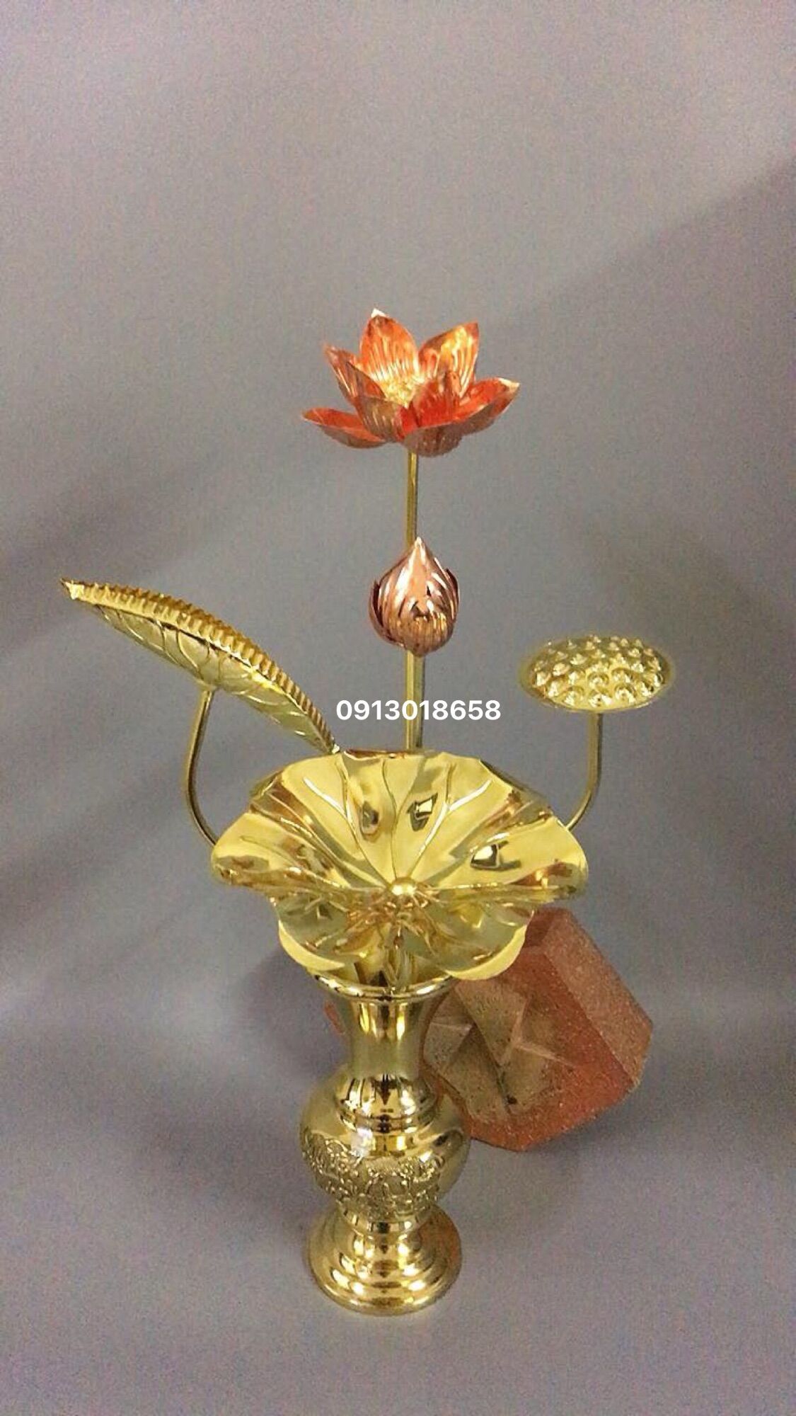 Combo hoa sen đồng 5 cành + 1 lọ hoa 23cm bằng đồng nguyên chất