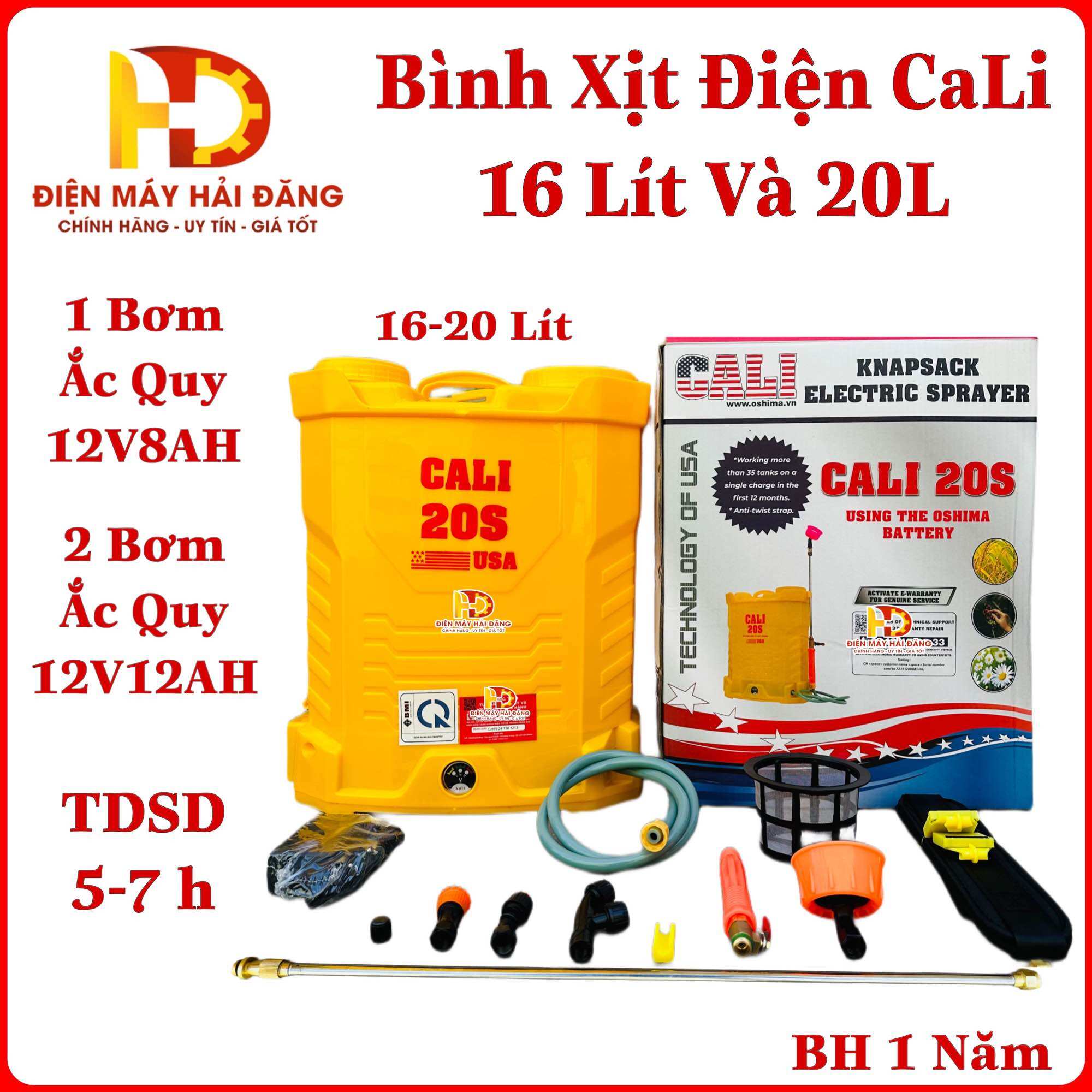 Bình xịt điện cali 16l là 20l.1 bơm vs 2 bơm.thương hiệu usa. hàng của oshima. bảo hành 12 tháng