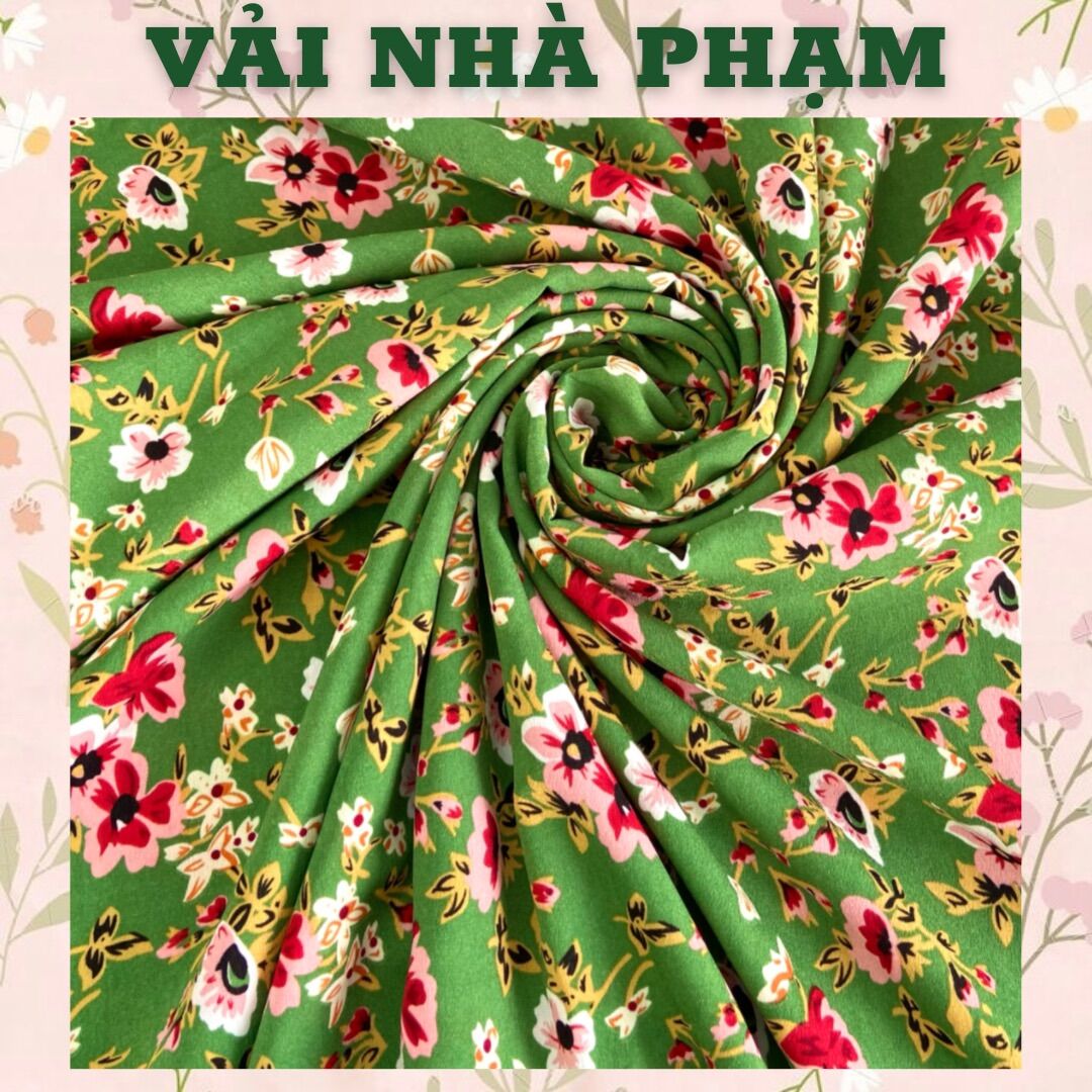 Lụa tằm chun hoạ tiết hoa nền xanh lá - khổ 1.5m - vải nhà phạm