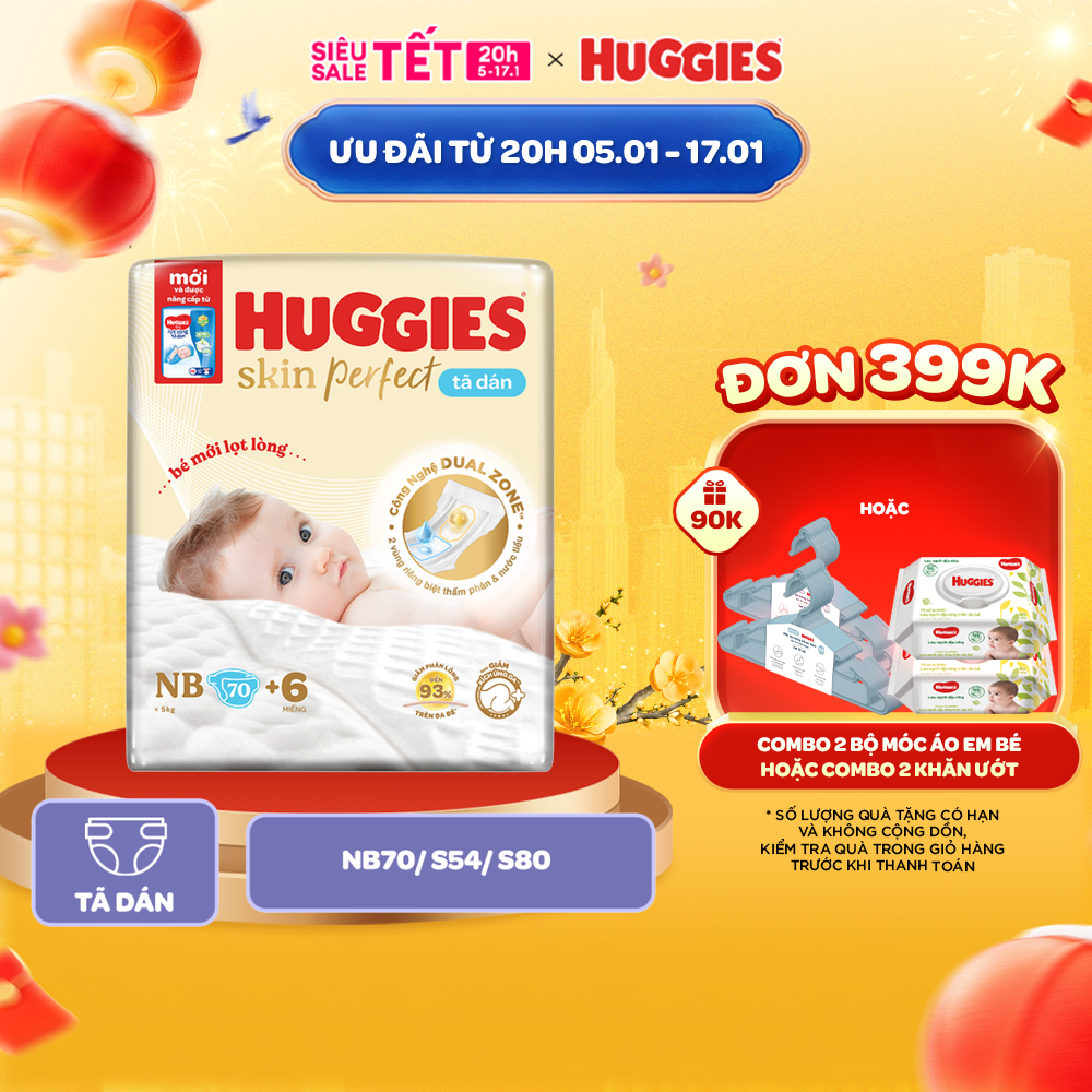 [4S] Tã/bỉm dán sơ sinh Huggies Skin Perfect NB70+6/S54+6/S 80+2 miếng với 2 vùng thấm giảm kích ứng da