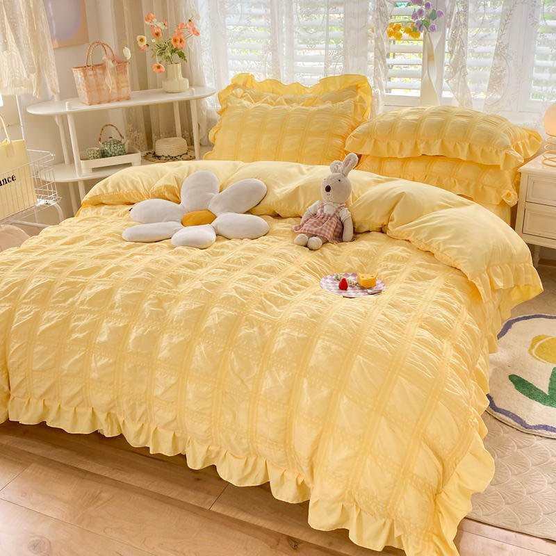 Bộ chăn ga gối cotton đũi dúm 4 món viền bèo Bộ ga giường chất cotton thoáng mát thấm hút nhiều mẫu 