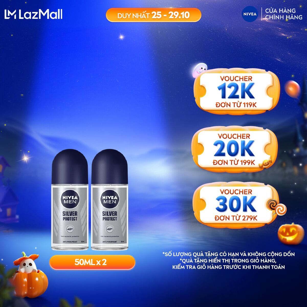 Bộ 2 Lăn Ngăn Mùi NIVEA MEN Silver Protect Phân Tử Bạc Giảm 99.9% Vi Khuẩn Gây Mùi (50 ml) - 83778x2