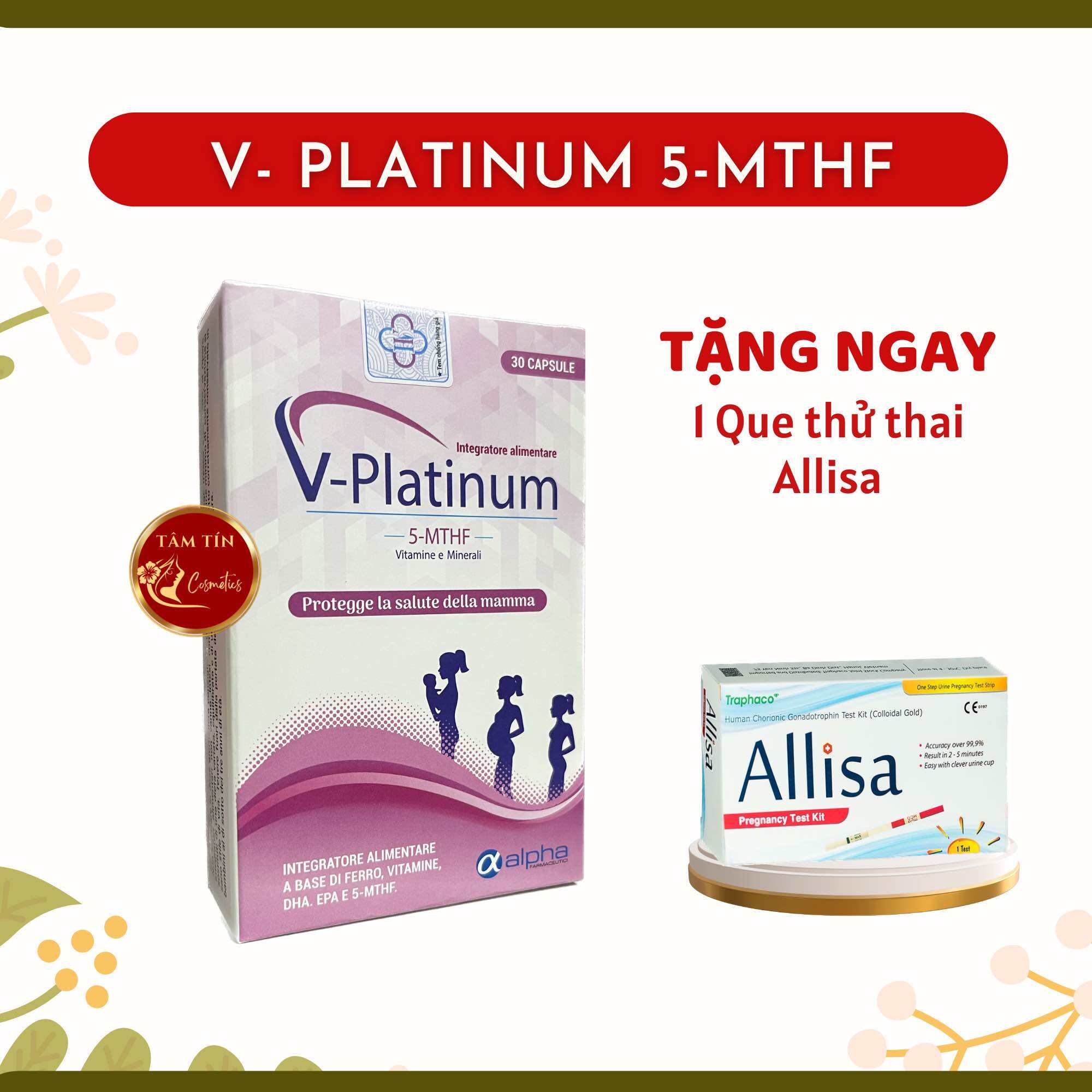 V-Platinum 5-MTHF 30 viên bổ sung acid folic 5mthf ngừa dị tật thai nhi tăng thụ thai giảm nguy cơ s
