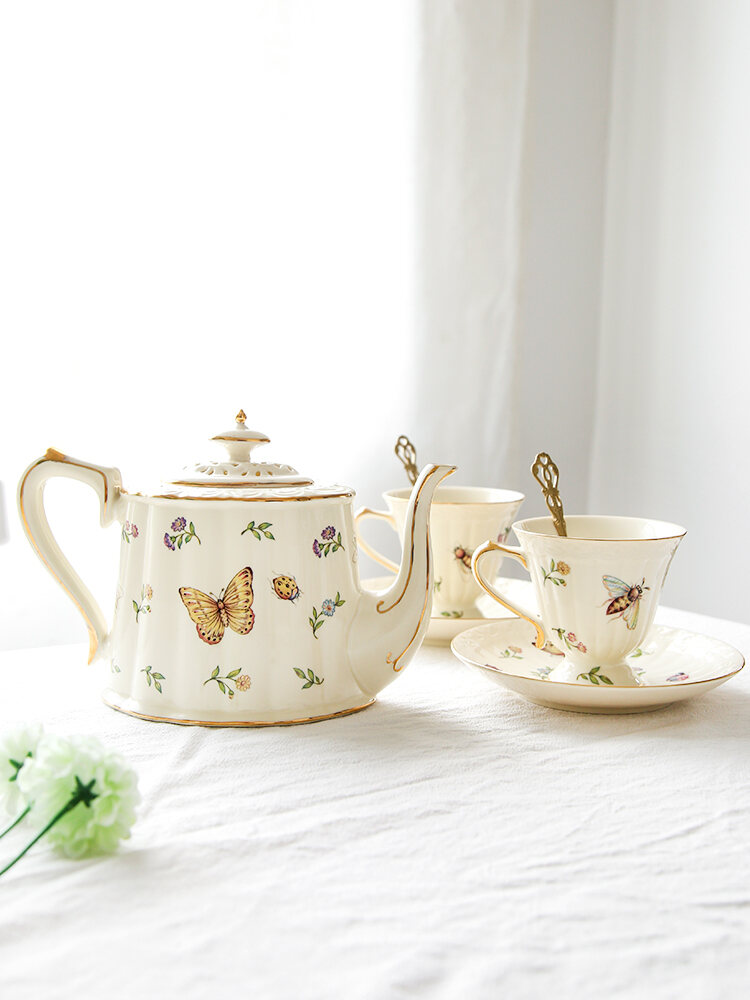 Bộ Cốc Và Đĩa Cà Phê Bằng Gốm Sứ Sân Vườn Pháp Có Lá Vàng Cổ Điển Sang Trọng Dành Cho Trà Chiều Và Trà Hoa Phong Cách Mỹ Sứ