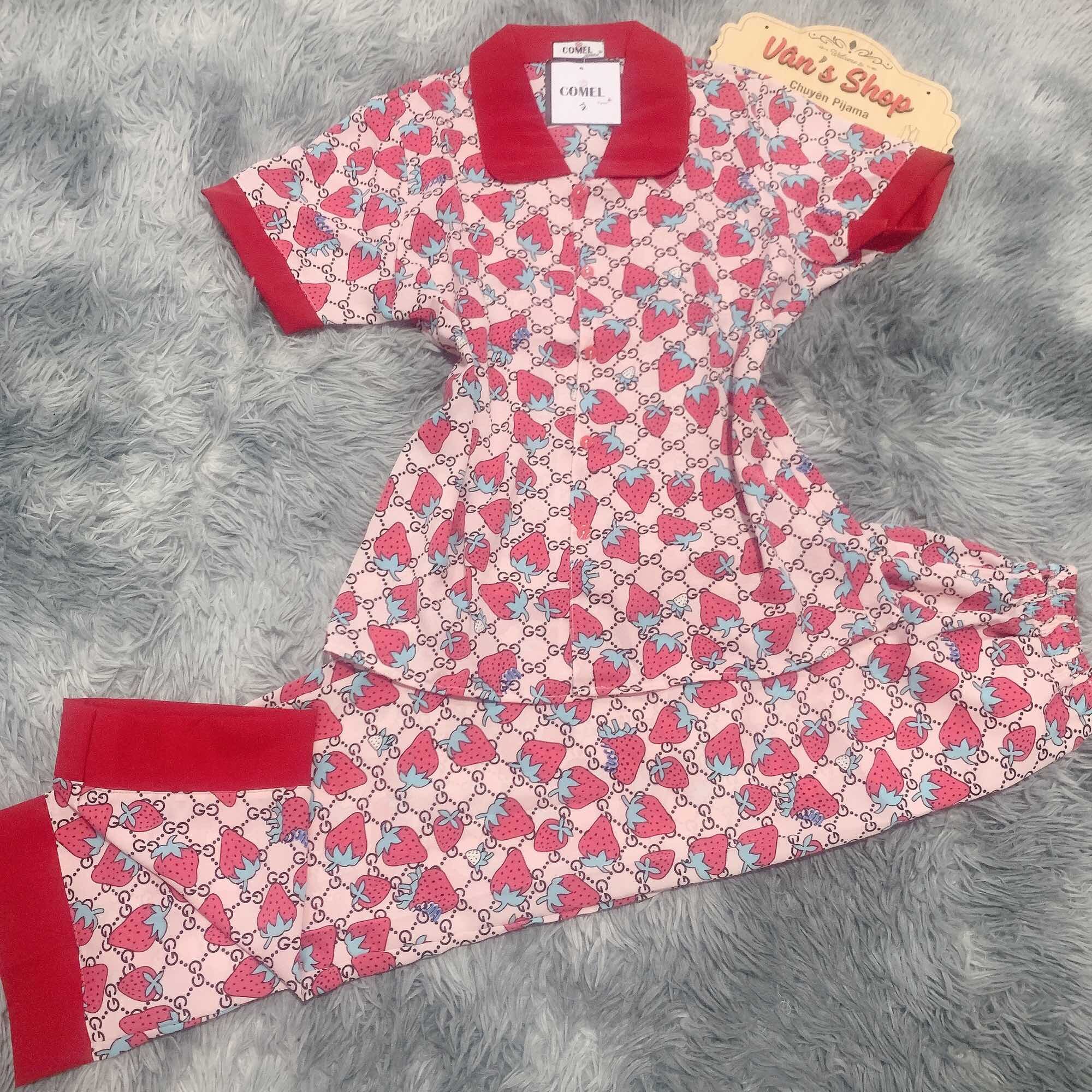 Bộ pijama hoạ tiết dâu tây ngọt ngào, vải mango cao cấp, Freesize 40-60kg