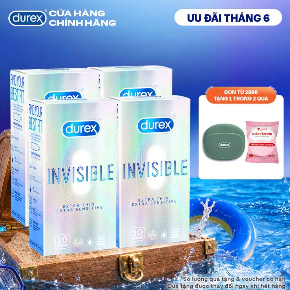 Bộ 4 hộp bao cao su Durex Invisible siêu mỏng, size 52mm, hộp 10 bao