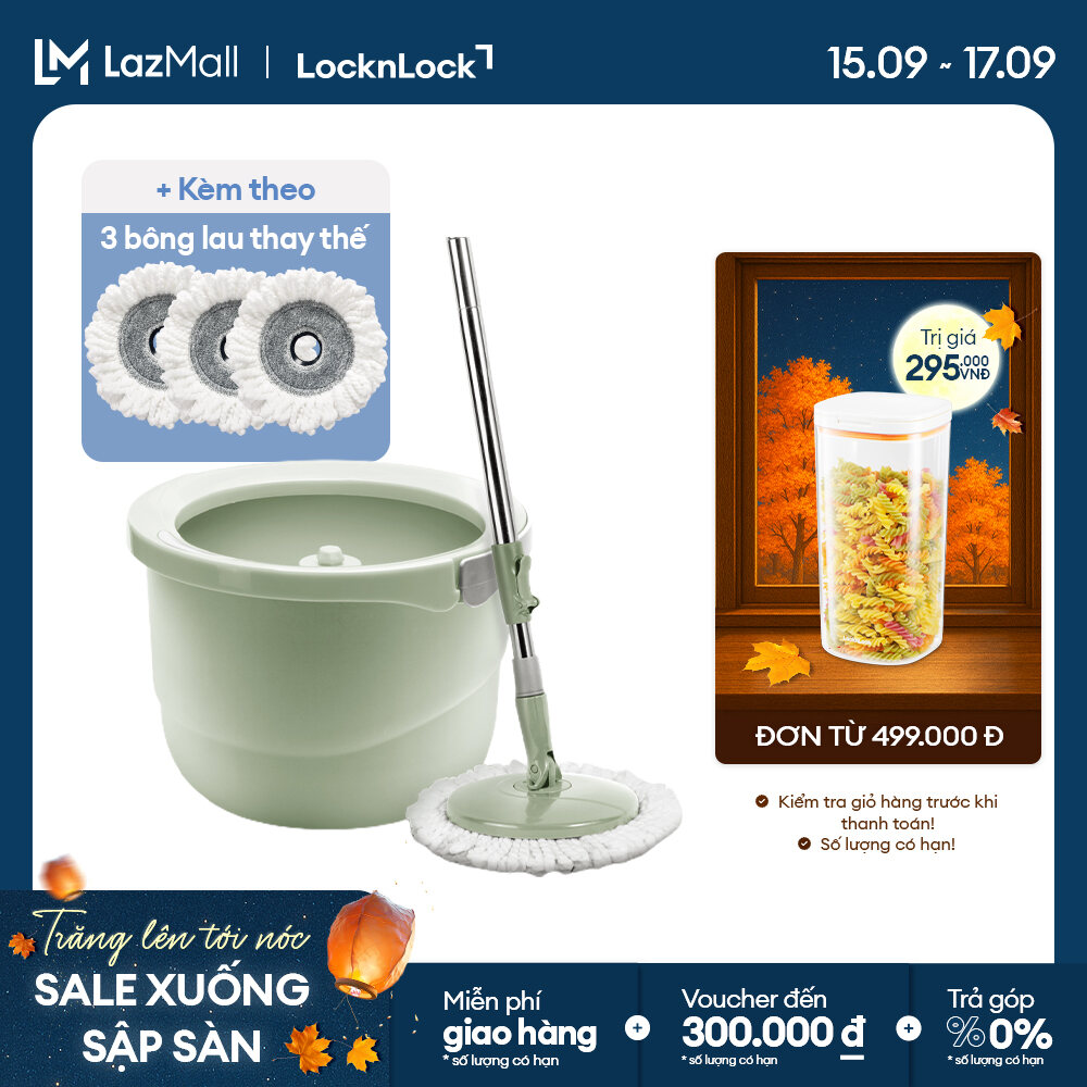 Bộ cây lau nhà vắt tự động mini Lock&Lock ETM498MITS2 - Màu xanh mint - Nhựa PP cao cấp - Thép không gỉ - Tặng 3 miếng bông lau thay thế