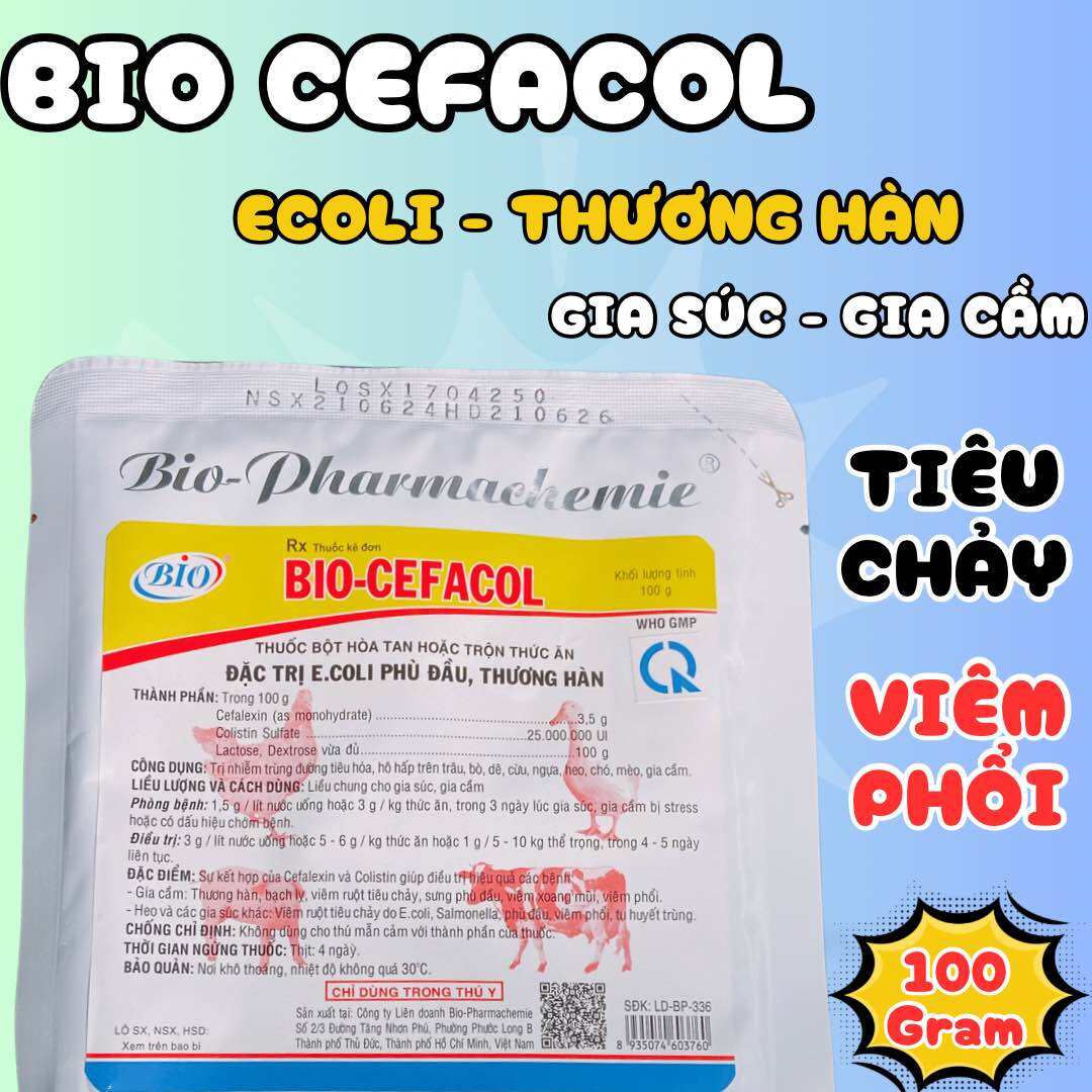 Bio cefacol đặc trị ecoli sung phù đầu, thương hàn, viêm phổi hen khẹc gia súc, gia cầm gói 100gram