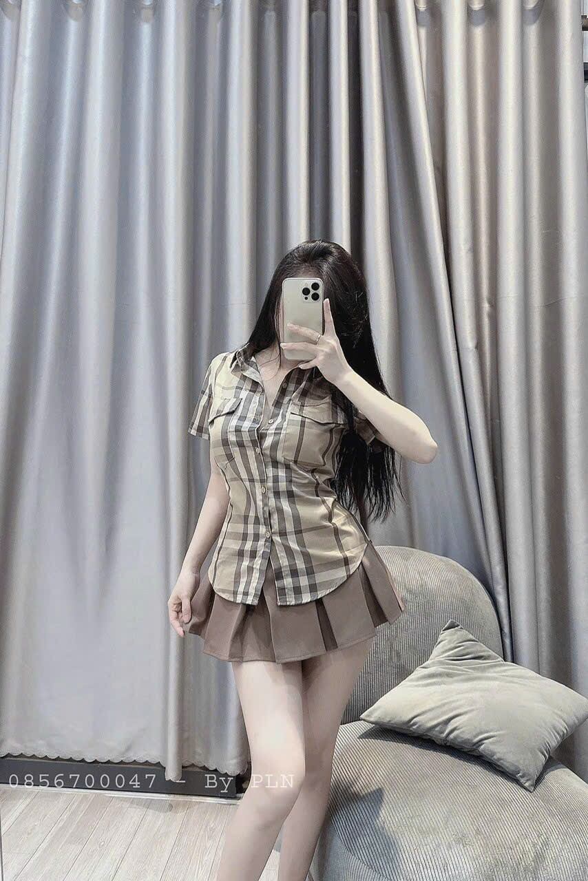 Set áo sơ mi và chân váy, Set học sinh chân váy xếp ly