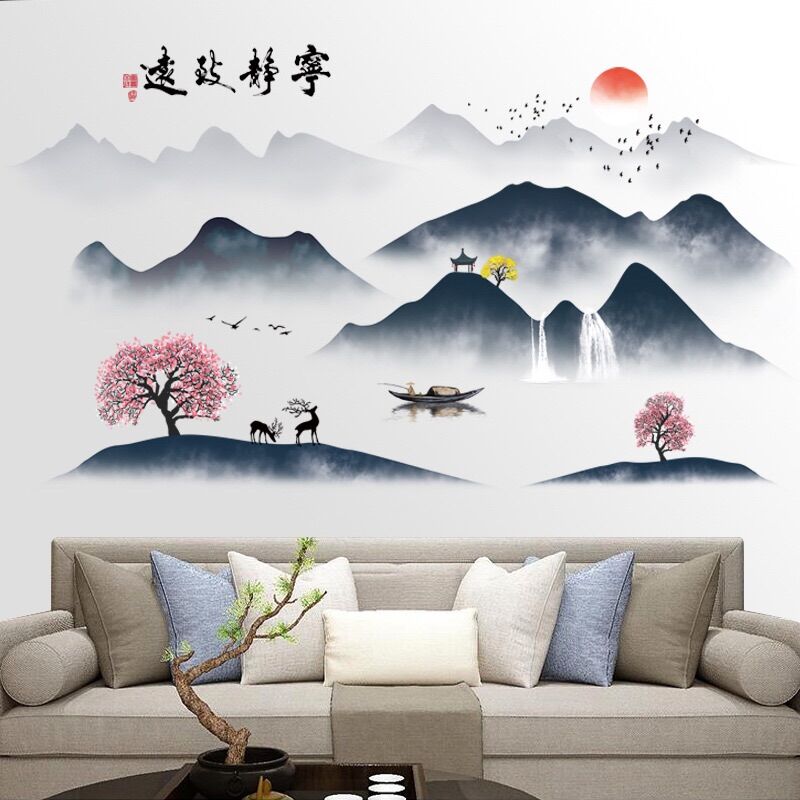 Tranh dán tường, Decal dán tường sơn thuỷ núi trăng 02