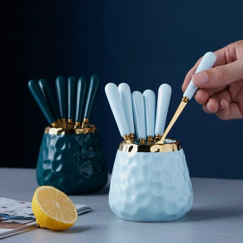 Cốc đựng thìa, dĩa ăn Kèm set 6 dĩa ăn hoa quả sang trọng